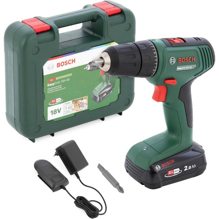 Акумулаторен винтоверт Bosch EasyDrill 06039D8004, 18 V, 1630 RPM, 40 Nm, 23/32 Nm, 13 mm бърз патронник, 2 степени, 1 батерия 2.0 Ah, зарядно, найлонова торбичка